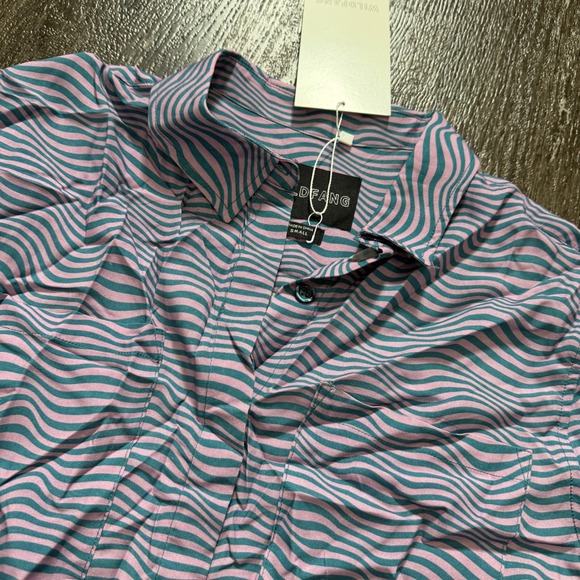 Wildfang Women's Button Up Short Sleeve Shirt Small Pink Groovy Teal Wave Print - Picture 2 of 5